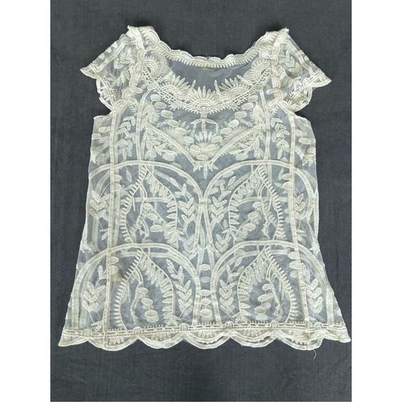 Capri Tops - Capri sheer embroidered lace top women M ivory floral mesh boho blouse